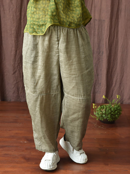 Women Summer Vintage Solid Ramie Harem Pants