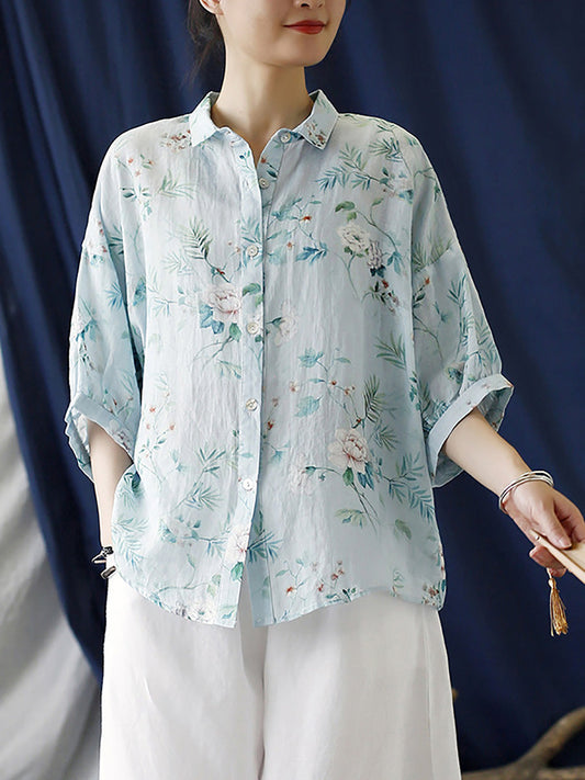 Women Summer Artsy Flower Button-Up Ramie Shirt