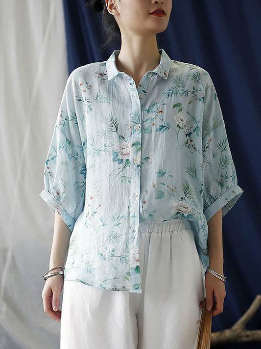 Women Summer Artsy Flower Button-Up Ramie Shirt