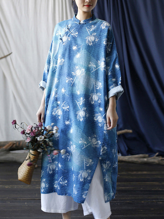 Women Summer Vintage Flower Buckle Linen Robe Dress