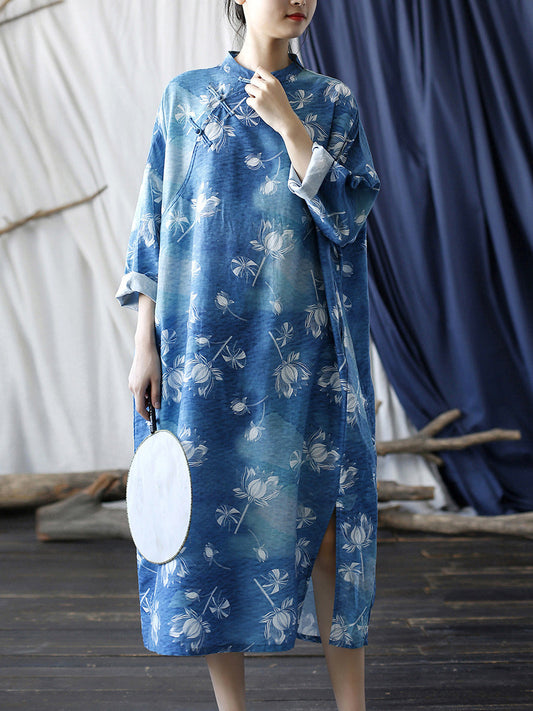 Women Summer Vintage Flower Buckle Linen Robe Dress