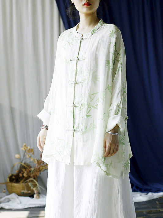 Women Summer Vintage Bamboo Button-up Ramie Shirt