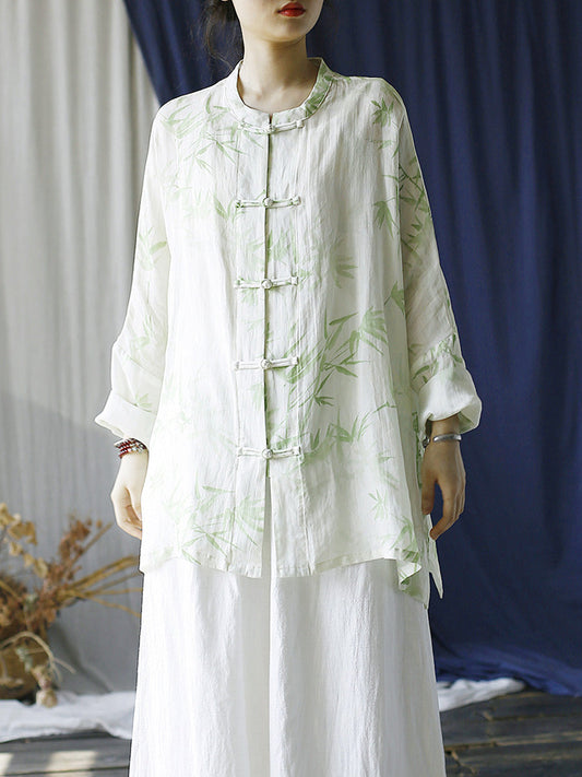 Women Summer Vintage Bamboo Button-up Ramie Shirt