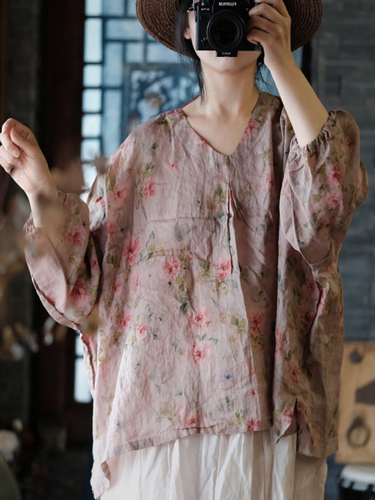 Women Summer Vintage Floral V-Neck Loose Ramie Shirt