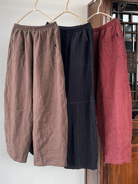 Women Summer Retro Solid Wide-leg Linen Pants