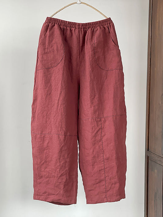 Women Summer Retro Solid Wide-leg Linen Pants