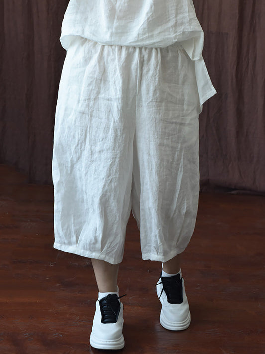 Women Summer Vintage Solid Thin Mid-claf Linen Pants