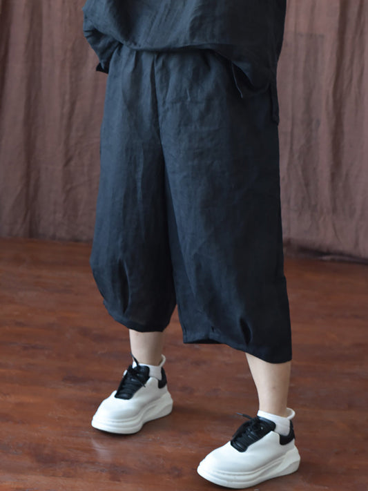 Women Summer Vintage Solid Thin Mid-claf Linen Pants