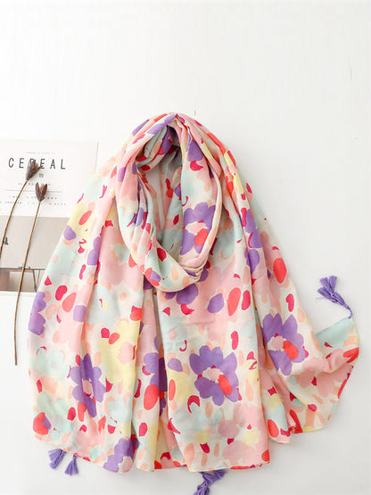 Women Artsy Colorful Flower Tassel Shawl Scarf