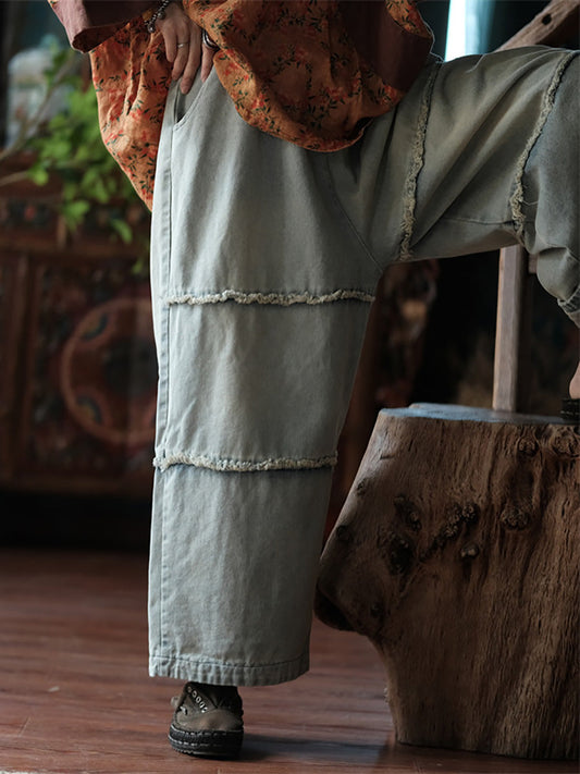 Women Vintage Raw-edge Denim Wide-leg Long Pants