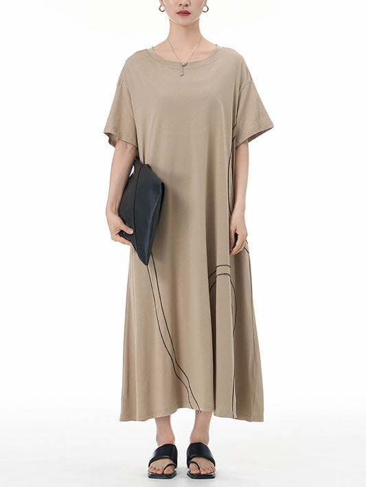 Women Summer Casual Stitching O-Neck Loose Cotton Dress