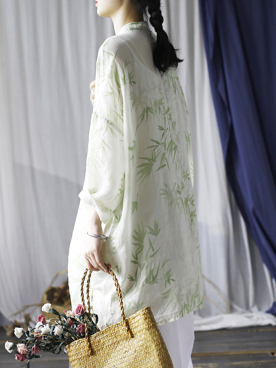 Women Ethnic Bamboo Print Ramie Robe Dress