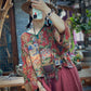 Women Summer Vintage Flower V-Neck Loose Cotton Shirt