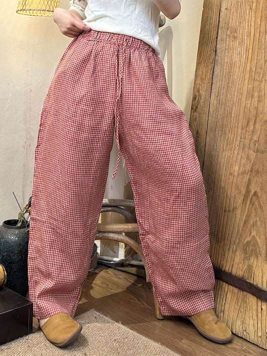 Women Summer Casual Plaid Wide-leg Linen Pants