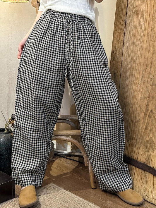 Women Summer Casual Plaid Wide-leg Linen Pants