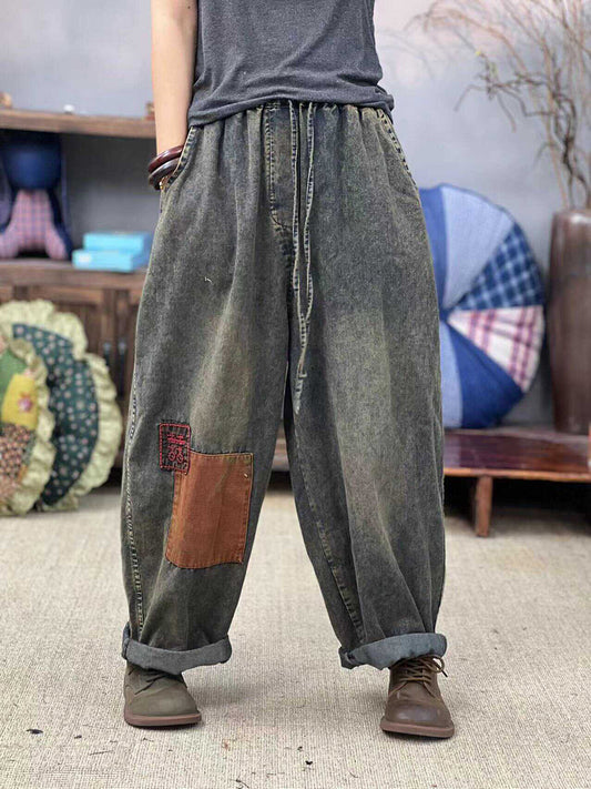 Women Summer Retro Patch Spliced Denim Harem Pants