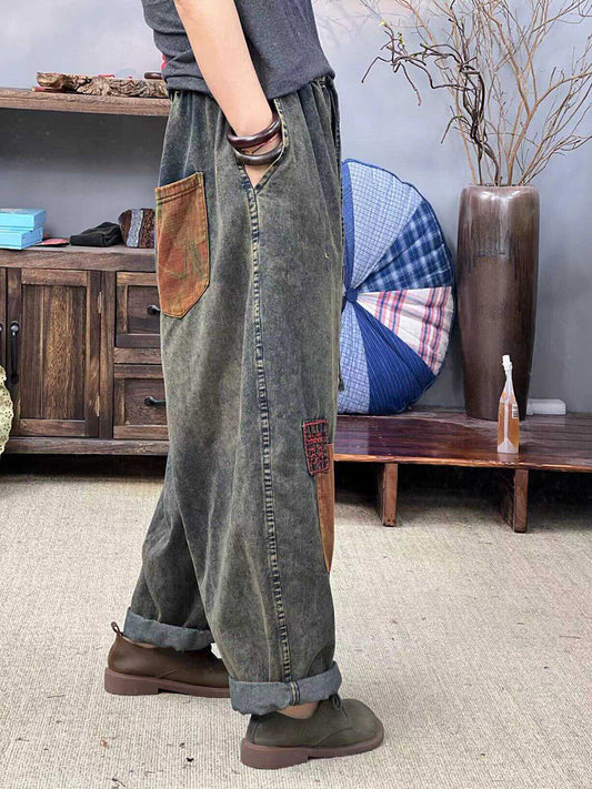 Women Summer Retro Patch Spliced Denim Harem Pants