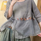 Women Ethnic Embroidery Spliced O-Neck Ramie Shirt