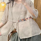 Women Ethnic Embroidery Spliced O-Neck Ramie Shirt