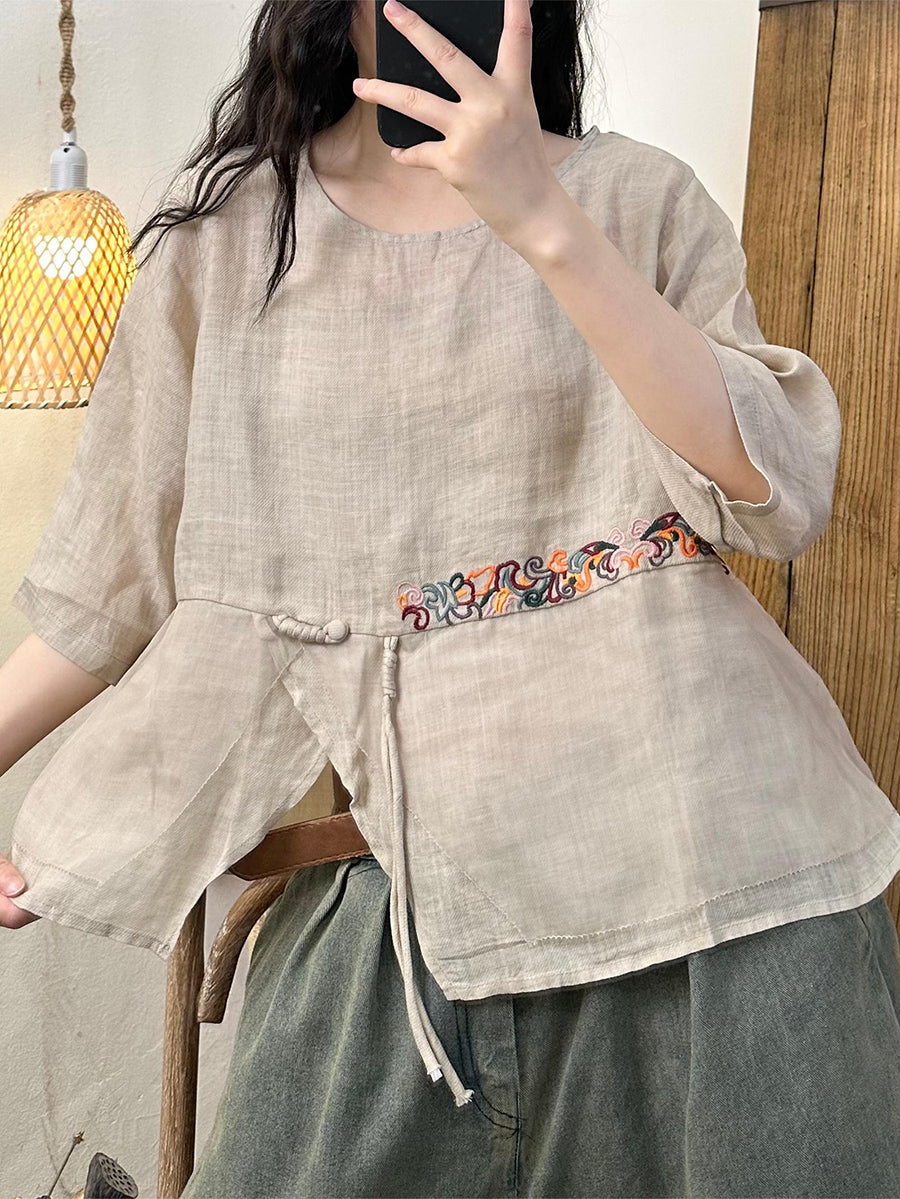 Women Ethnic Embroidery Spliced O-Neck Ramie Shirt