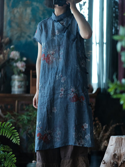 Women Summer Vintage Flower Robe Ramie Dress