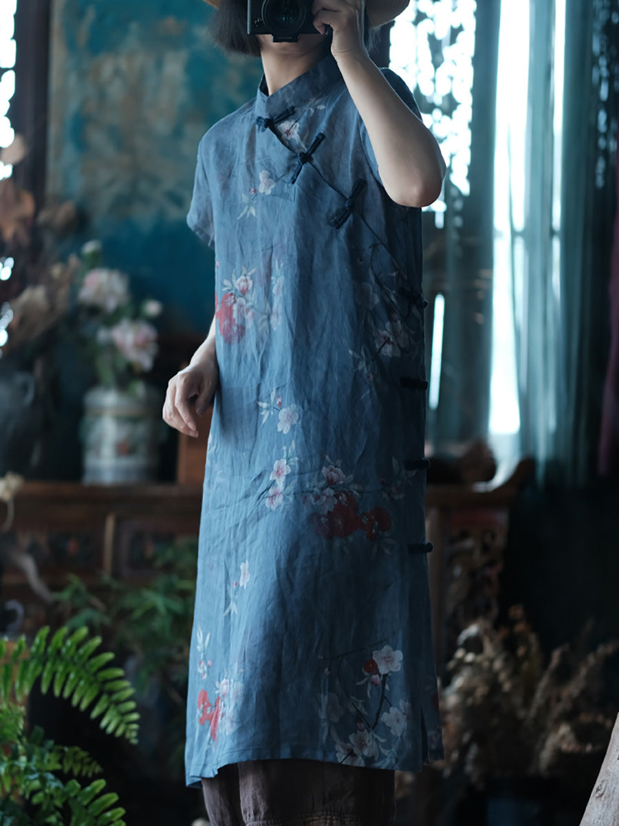 Women Summer Vintage Flower Robe Ramie Dress