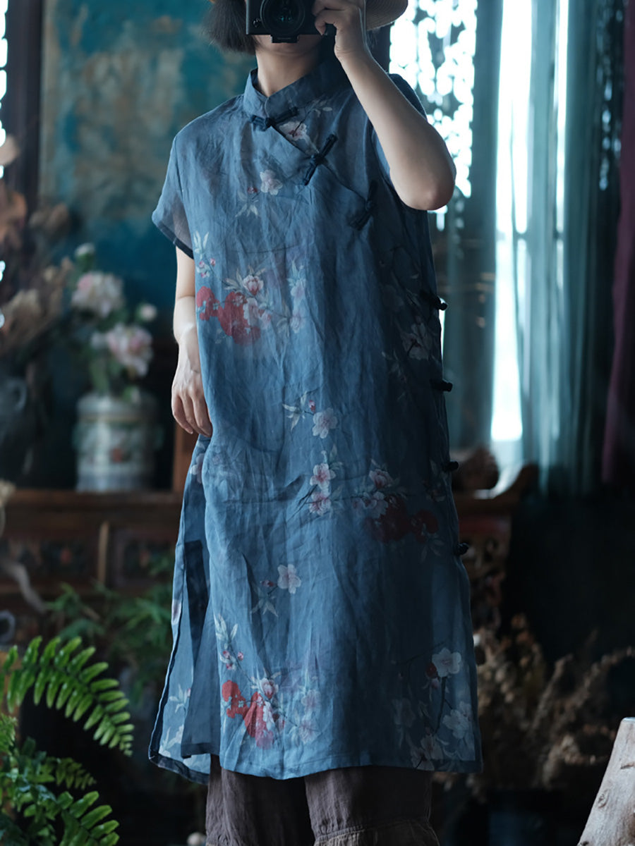 Women Summer Vintage Flower Robe Ramie Dress