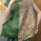 Women Summer Vintage Flower O-Neck Spliced Ramie Shirt