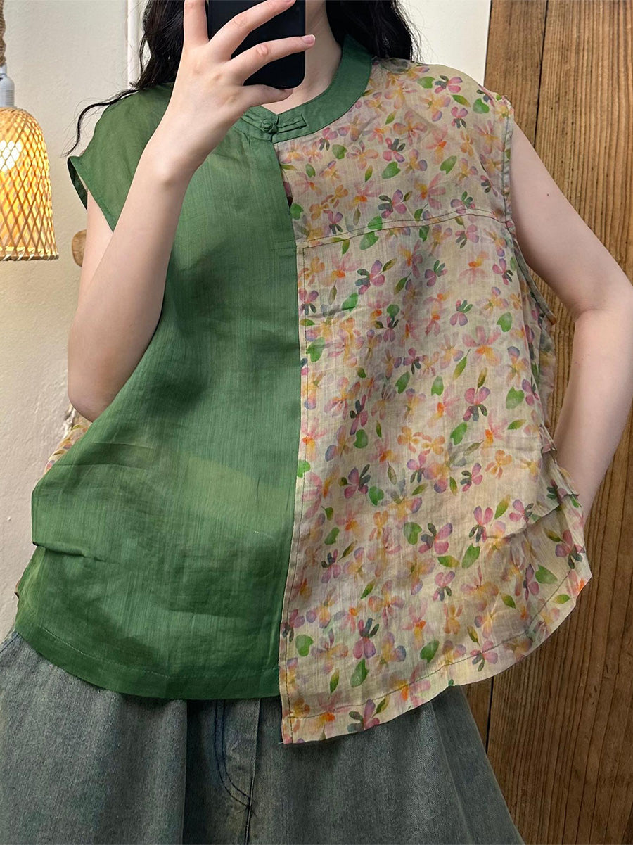 Women Summer Vintage Flower O-Neck Spliced Ramie Shirt