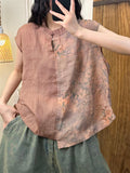 Women Summer Vintage Flower O-Neck Spliced Ramie Shirt