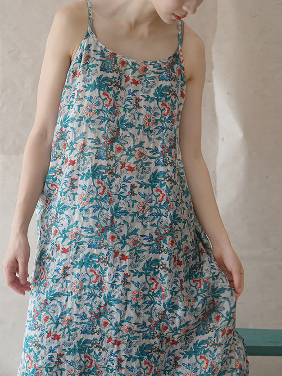 Women Summer Vintage Floral Ramie Vest Dress