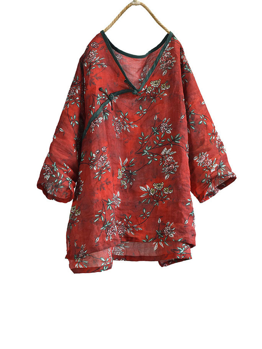 Women Summer Vintage Flower V-Neck Ramie Shirt