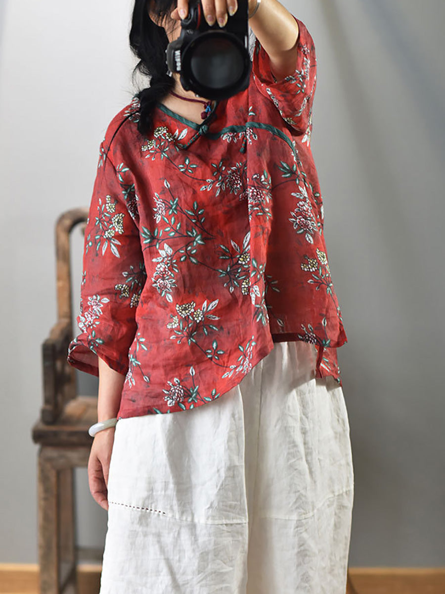 Women Summer Vintage Flower V-Neck Ramie Shirt