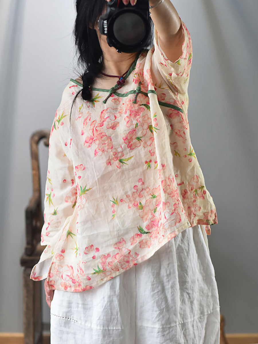 Women Summer Vintage Flower V-Neck Ramie Shirt