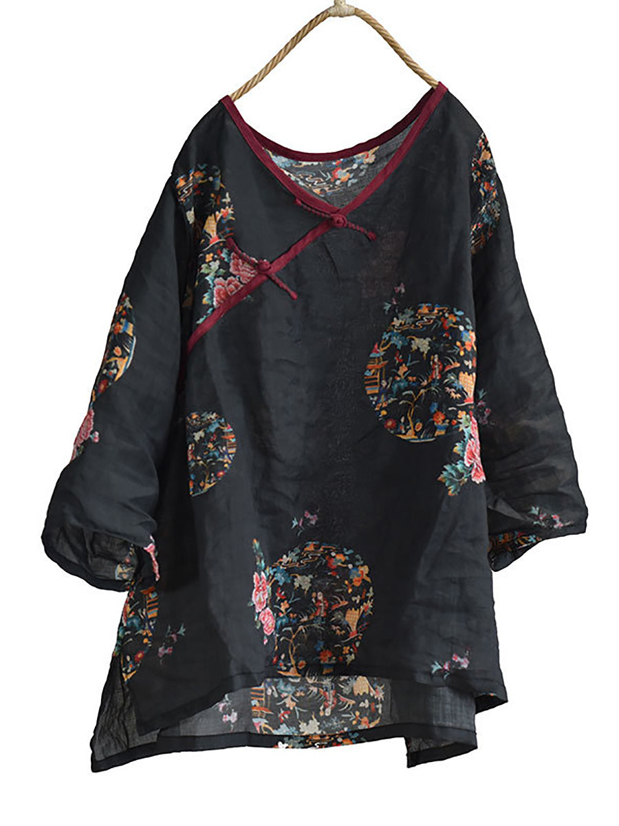 Women Summer Vintage Flower V-Neck Ramie Shirt