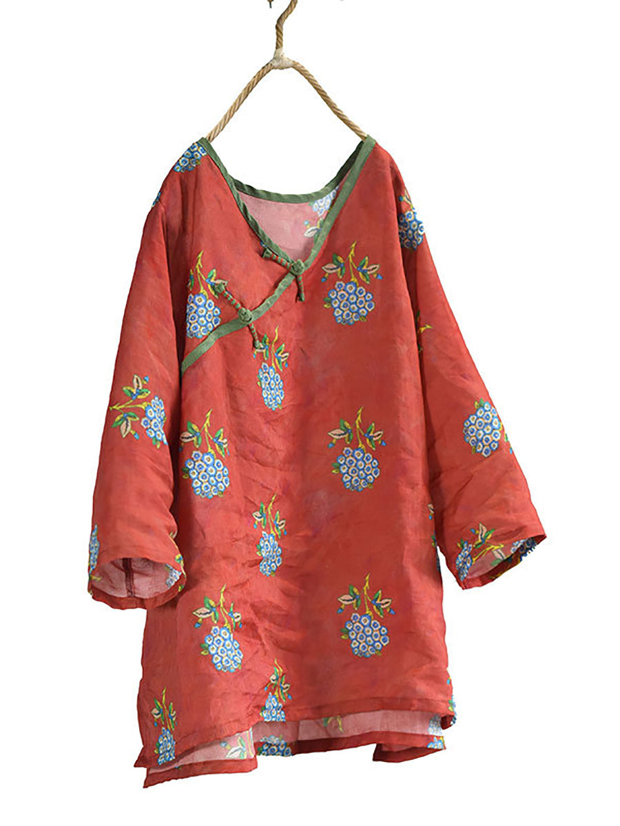 Women Summer Vintage Flower V-Neck Ramie Shirt