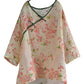 Women Summer Vintage Flower V-Neck Ramie Shirt