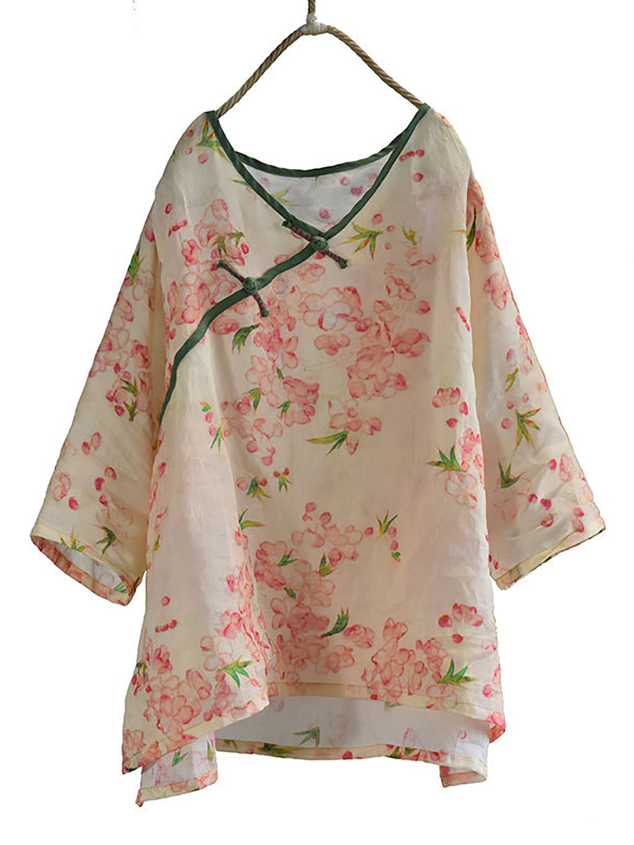 Women Summer Vintage Flower V-Neck Ramie Shirt