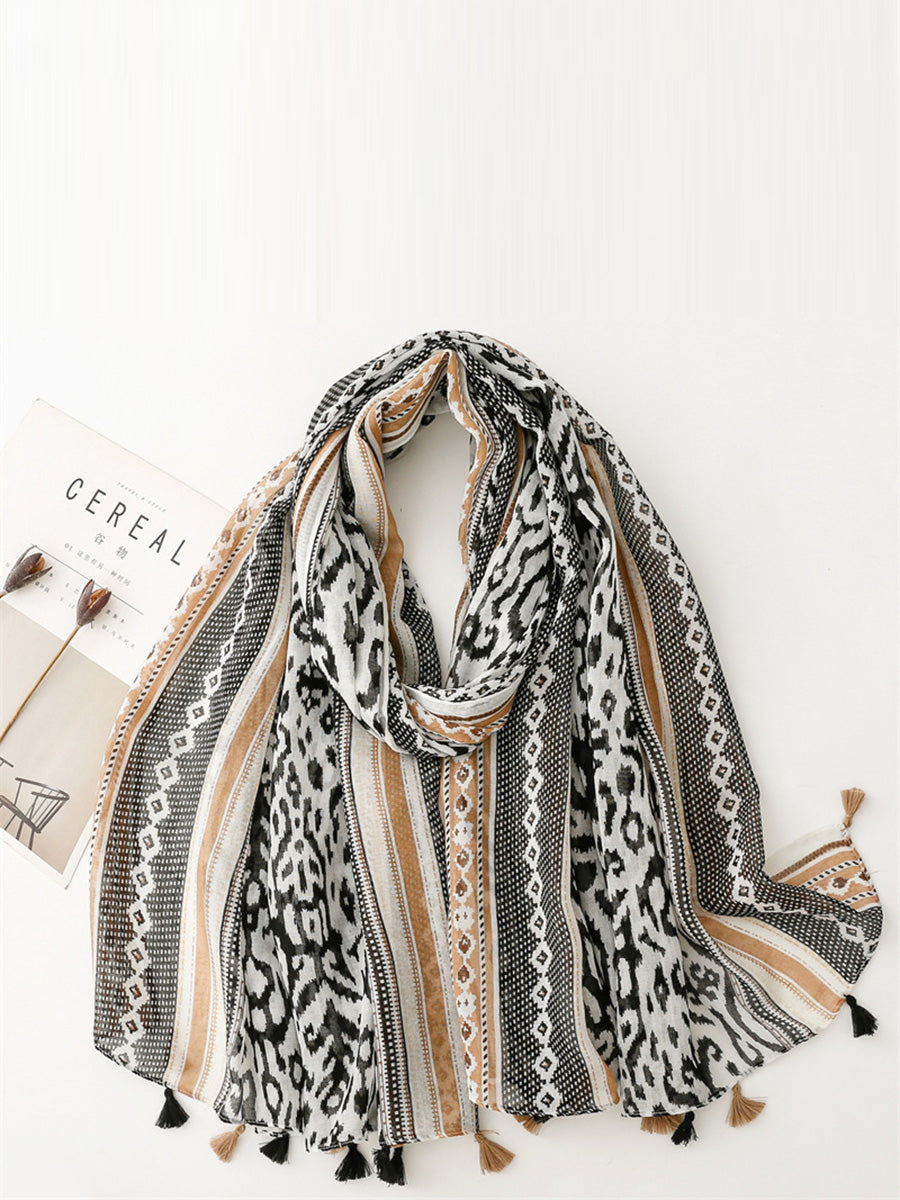 Women Ethnic Print Tassel Shawl Scarf