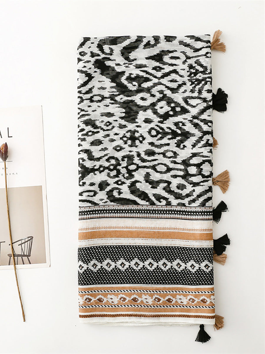 Women Ethnic Print Tassel Shawl Scarf