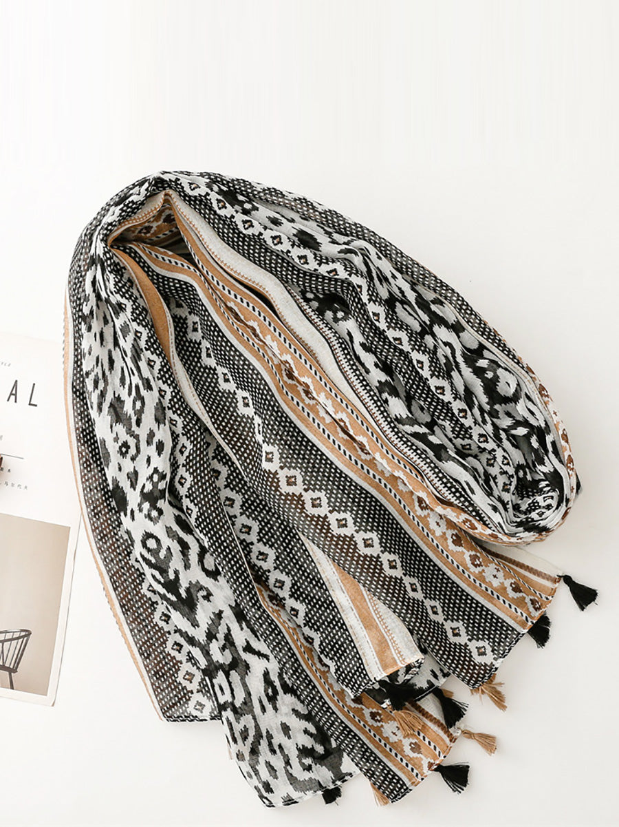 Women Ethnic Print Tassel Shawl Scarf