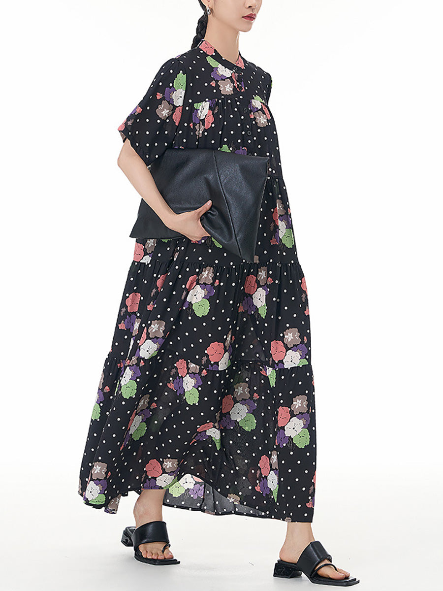 Women Summer Casual Flower Dot Loose Dress