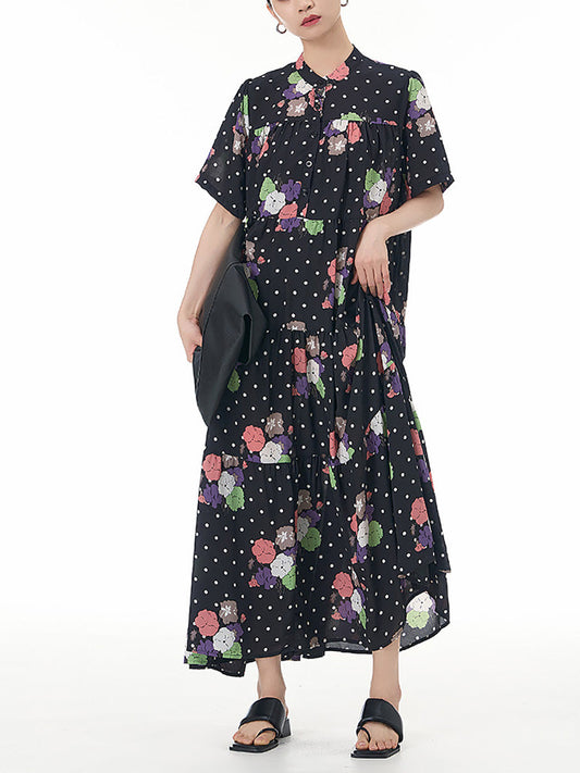 Women Summer Casual Flower Dot Loose Dress