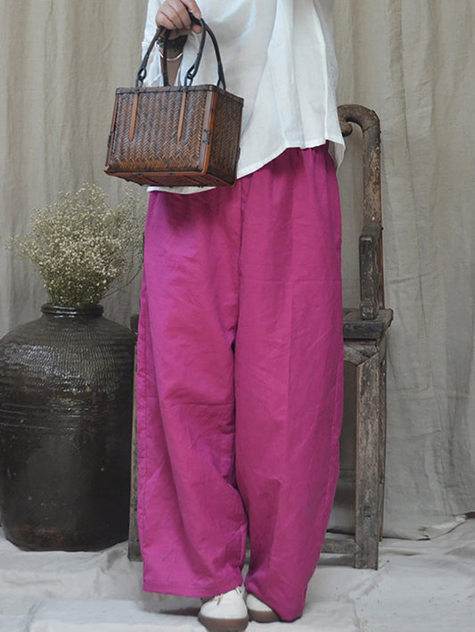 Women Summer Vintage Solid Linen Wide-leg Pants