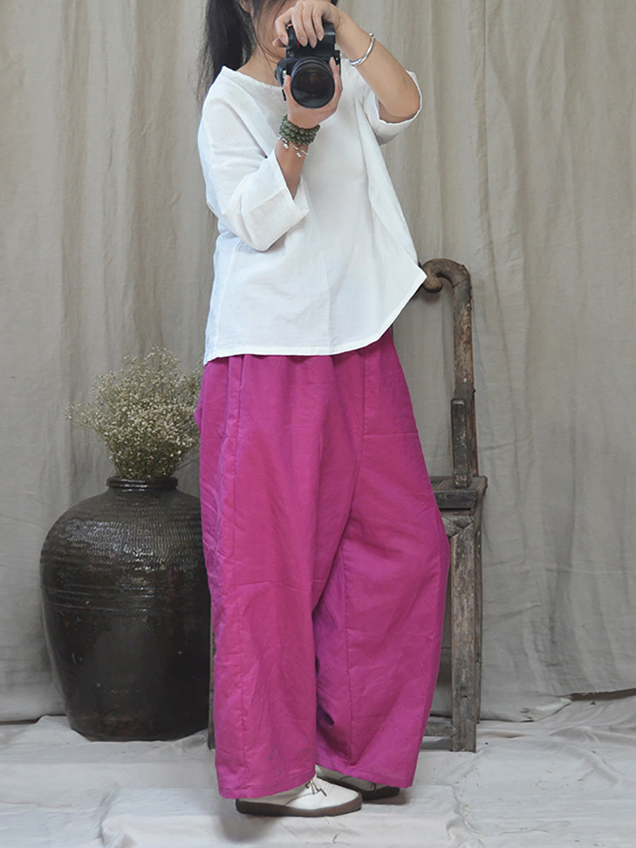 Women Summer Vintage Solid Linen Wide-leg Pants