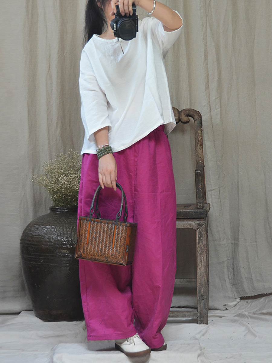 Women Summer Vintage Solid Linen Wide-leg Pants