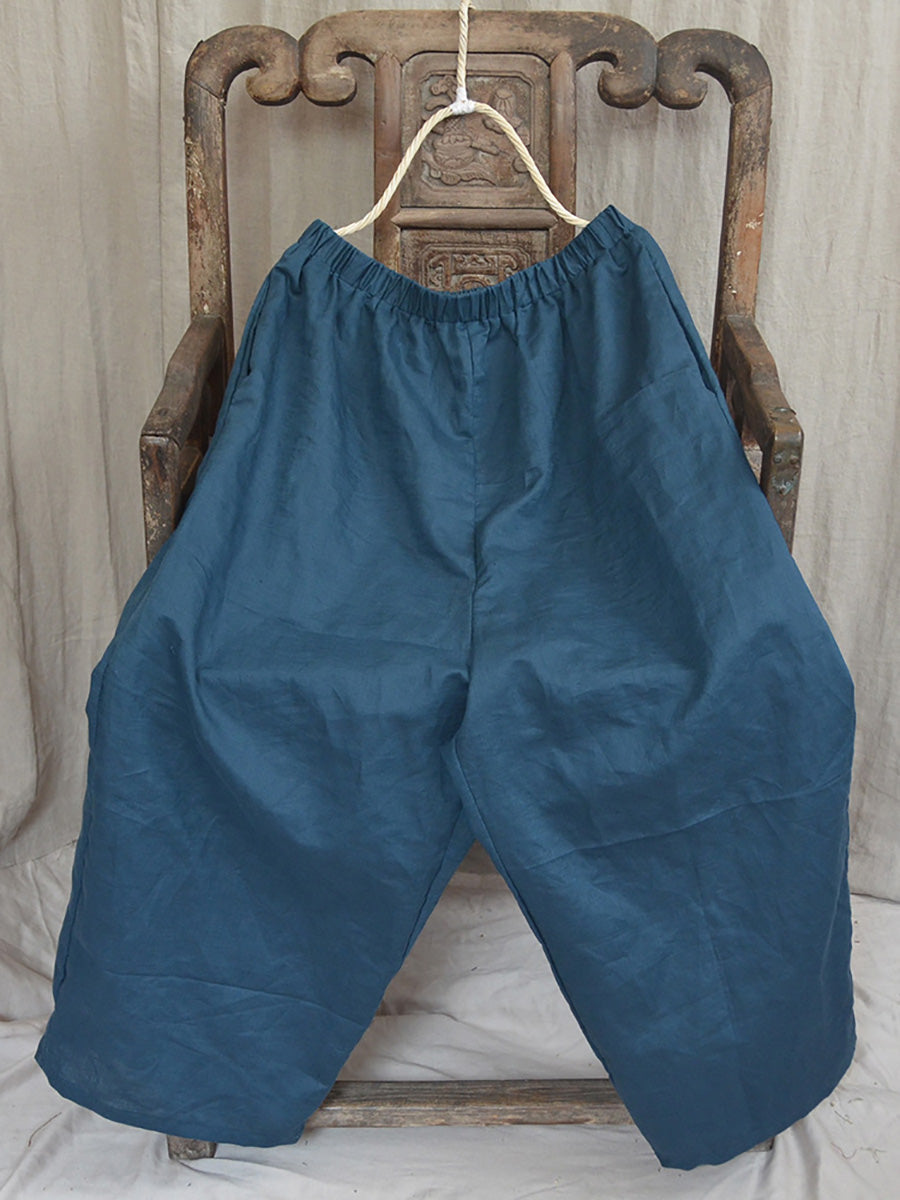 Women Summer Vintage Solid Linen Wide-leg Pants