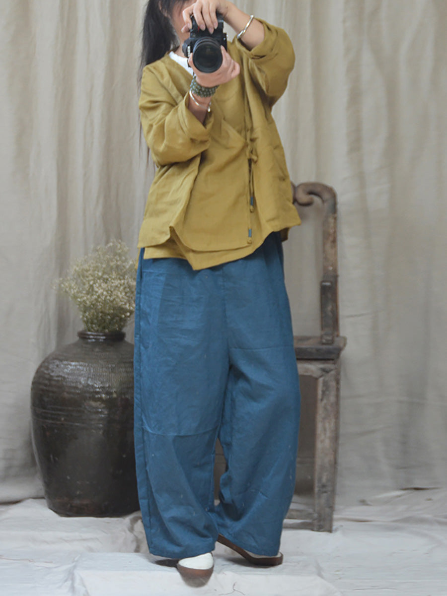 Women Summer Vintage Solid Linen Wide-leg Pants