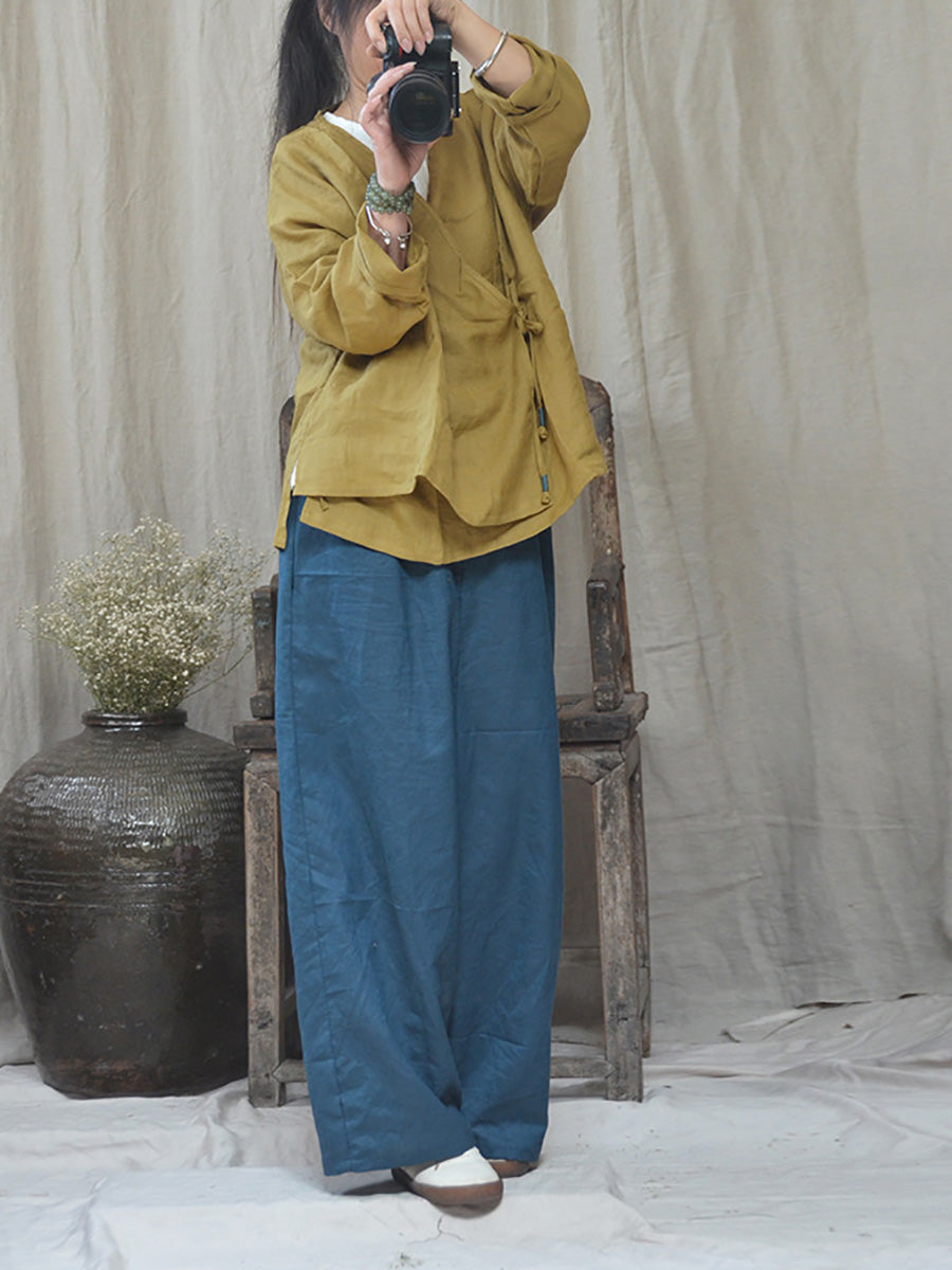 Women Summer Vintage Solid Linen Wide-leg Pants