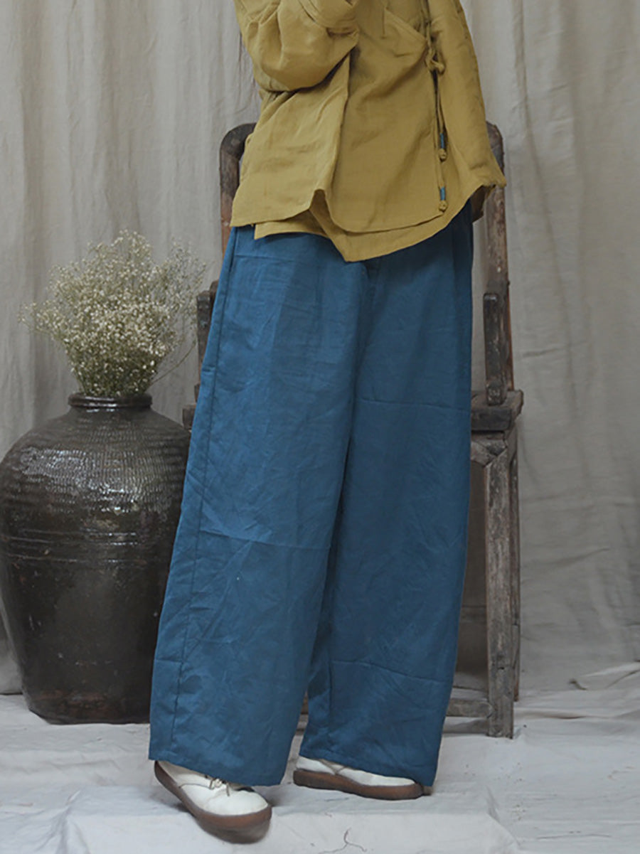 Women Summer Vintage Solid Linen Wide-leg Pants